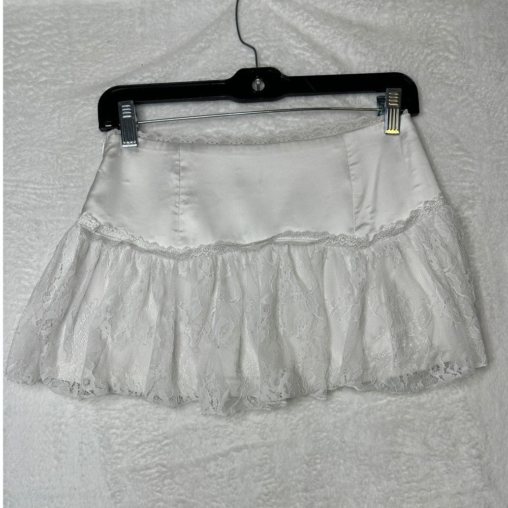 Edikted Y2K Mini Skirt Womens XS White Satin Lace Ruffle Coquette